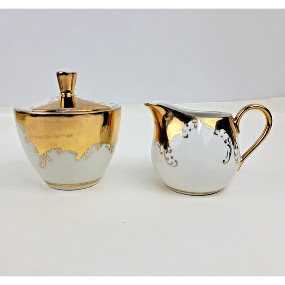 Vintage Bavaria Porcelain Lidded Sugar Bowl and Creamer Set...